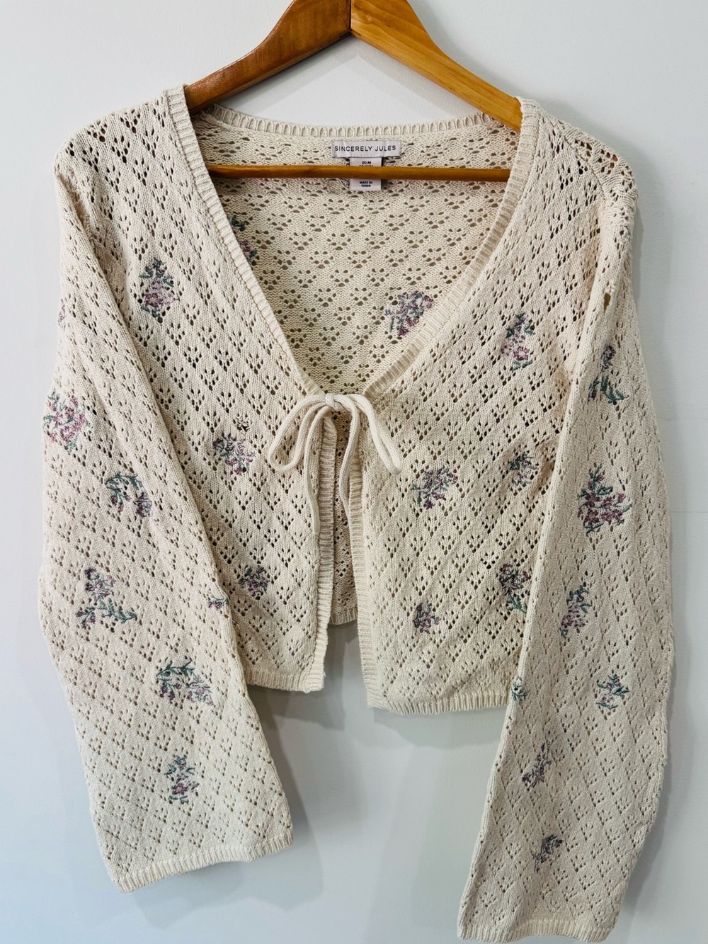 Sincerely Jules Cream Open-Knit Floral Tie-Front Cardigan